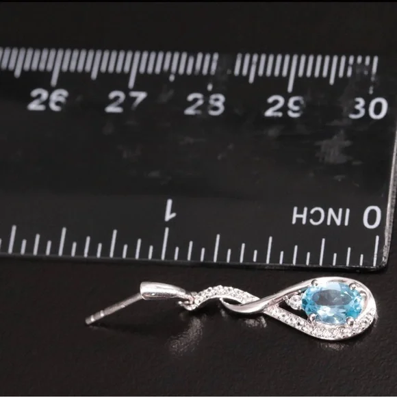 3 PIECES-Blue & White Topaz 925 Strlng Silver Necklace, Bolo Bracelet & Earrings - Picture 4 of 8